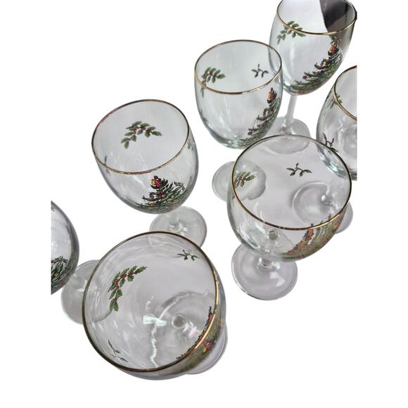 Vintage Spode Christmas Stemware Wine Water Glasses Holiday Set of 8 Holly Tree - Picture 4 of 10